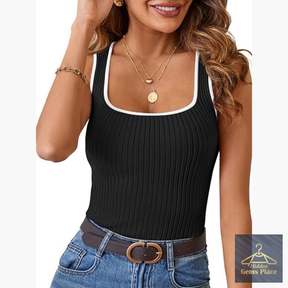 Tops - Slim Fit Ribbed Knit Tank Top Square Neck Sleeveless Summer Basic
